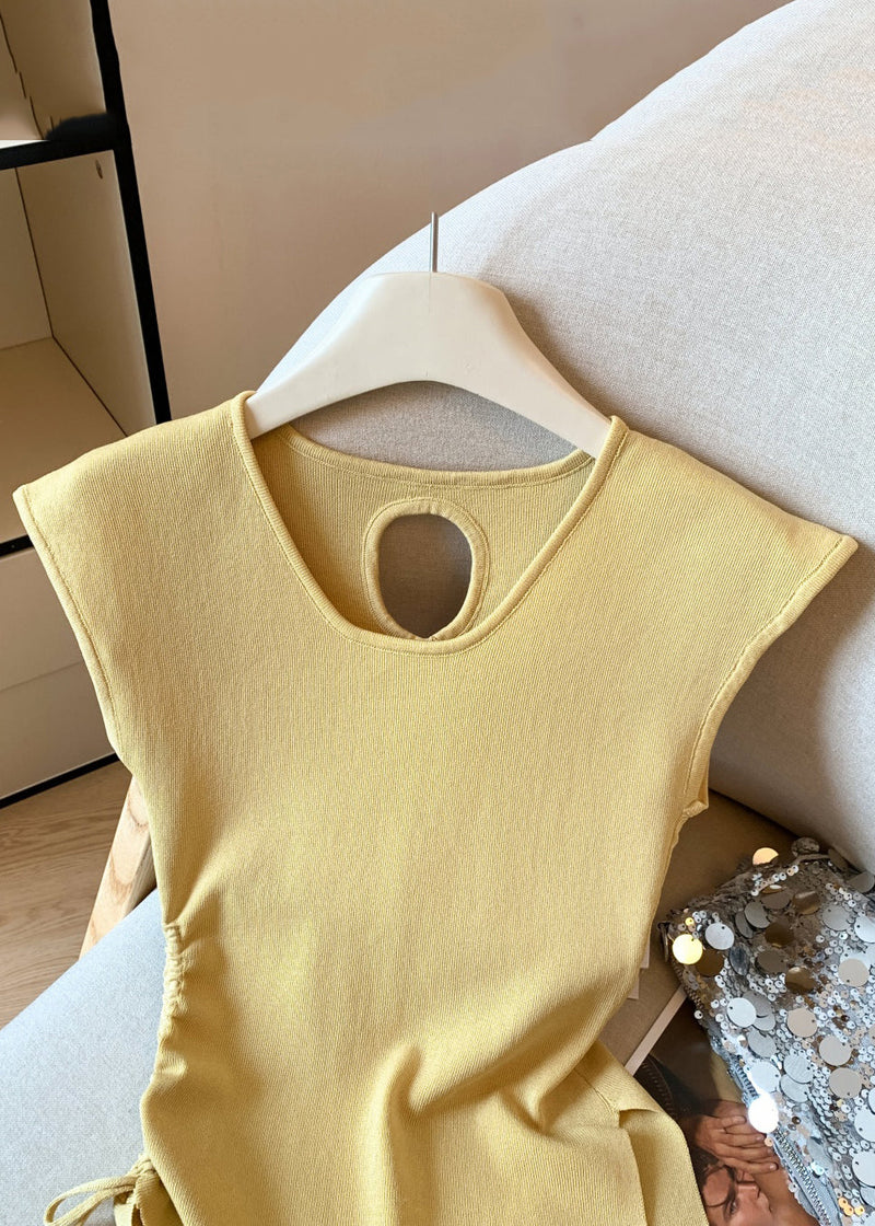 Yellow Cinched Side Open Knit T Shirt Hollow Out