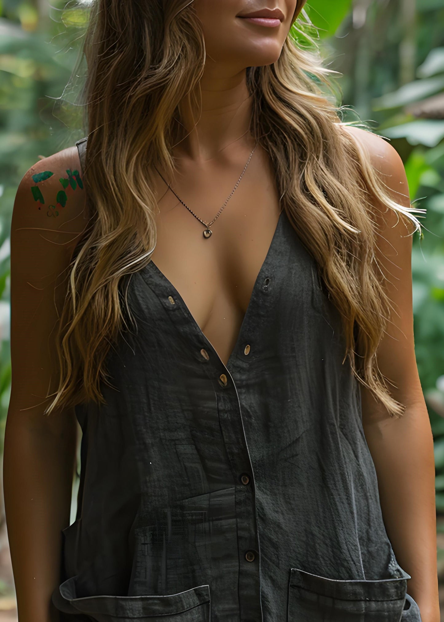 Black V Neck Pockets Button Cotton Top Sleeveless