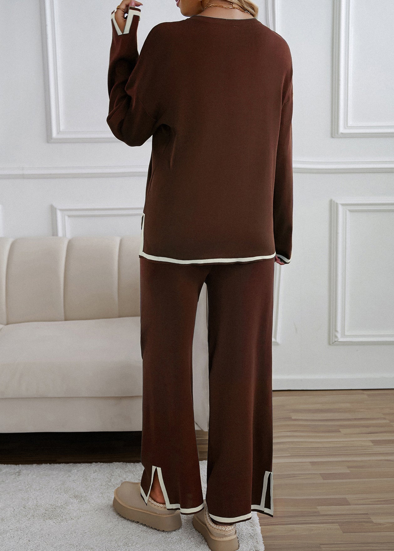 Brown O Neck Sweaters and Pants Knit 2 Piece Outfit Winter