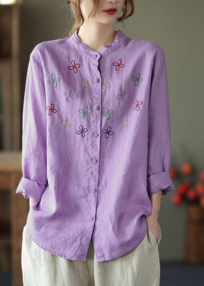 Purple Stand Collar Embroidered Linen Shirt Long Sleeve