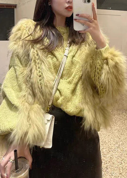 Yellow O-neck Fuzzy Fur Fluffy Cotton Cozy Knit Sweaters Fall