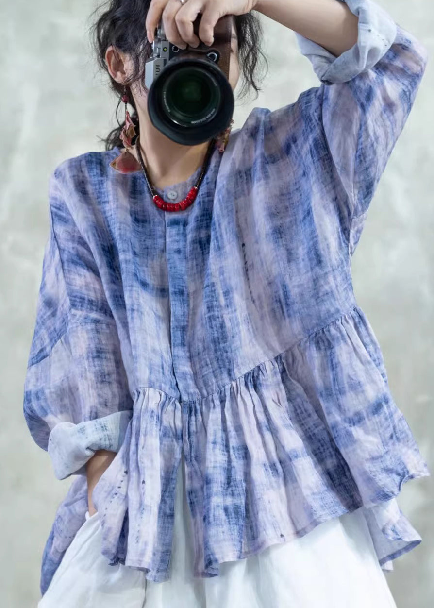 Blue O Neck Tie Dye Patchwork Cotton Top Spring
