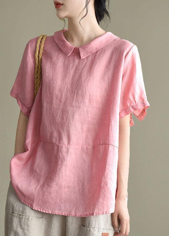 Simple Blue Hem Peter Pan Collar Patchwork Summer Linen Blouses