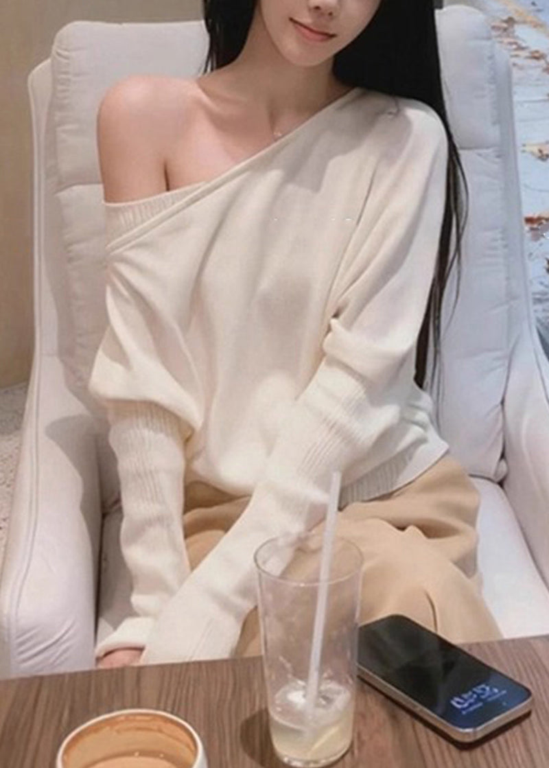 New White Asymmetrical Shoulder Knit Sweaters Batwing Sleeve