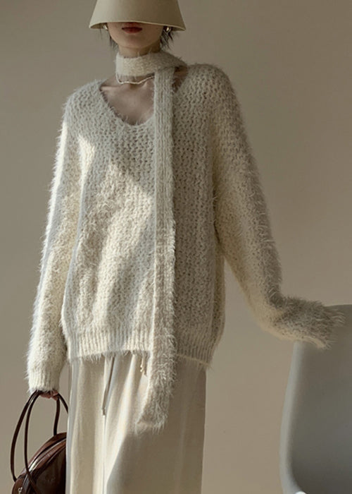 Apricot Cozy Cotton Knit Winter Sweater V Neck