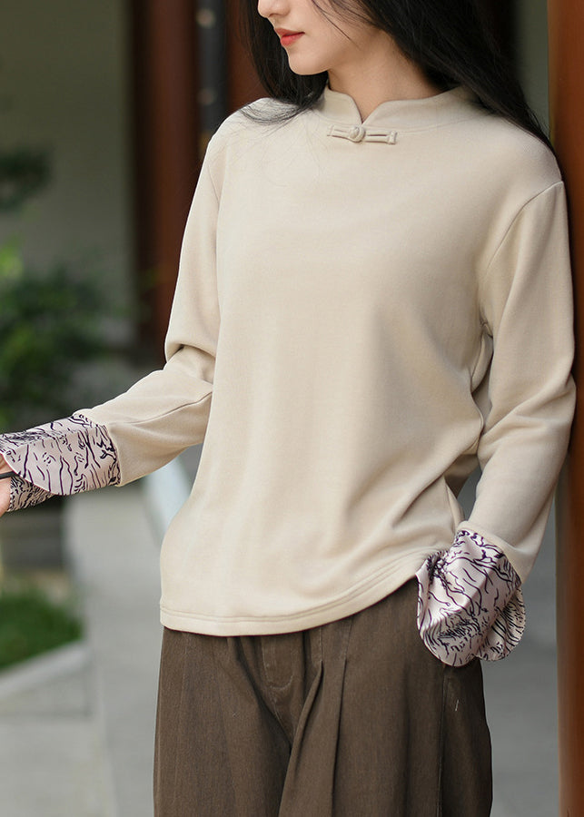 Handmade Beige Stand Collar Patchwork Cotton Shirt Tops Spring