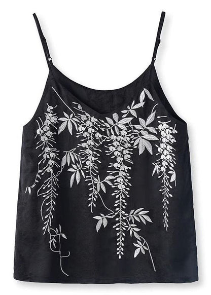 Fine Black Embroidered Silk Spaghetti Strap Vests Summer