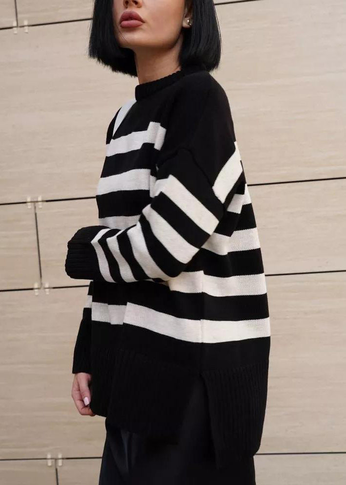 Natural Black O Neck Thick Striped Knit Sweaters Top Fall