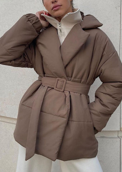 Grey Peter Pan Collar Tie Waist Fine Cotton Filled Coat Winter