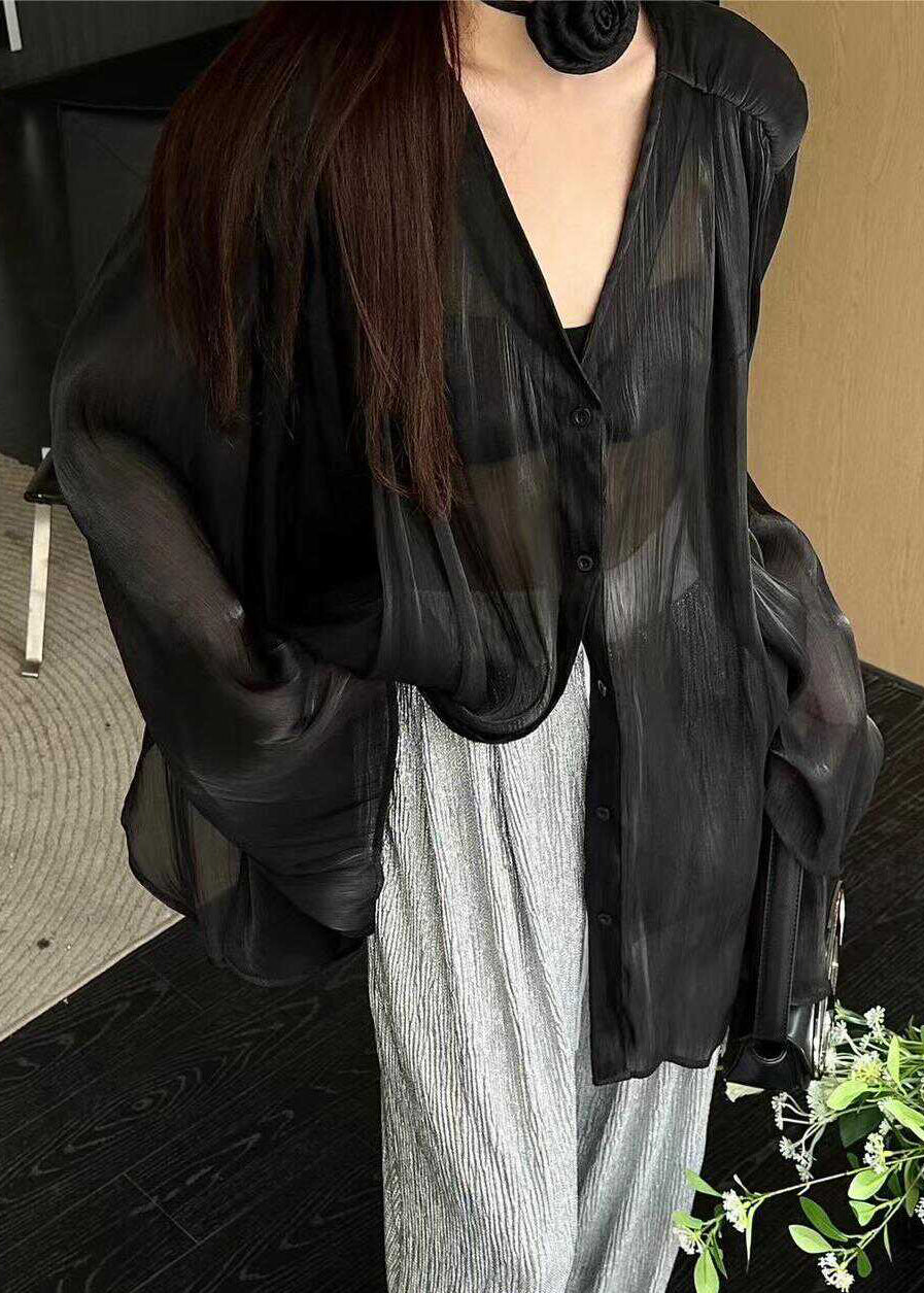 Natural Black V Neck Tie Waist Shirts Long Sleeve