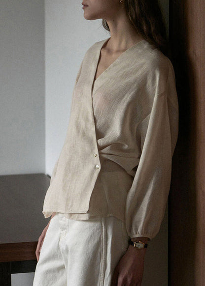 New Chinese Style V Neck Loose Linen Top Spring