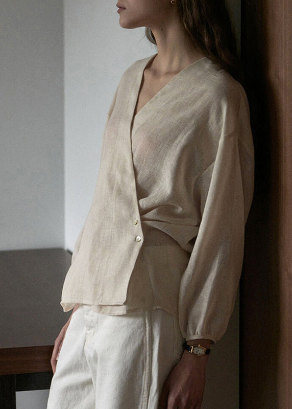New Chinese Style V Neck Loose Linen Top Spring