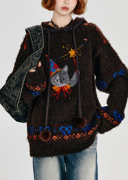 Choaolate Hooded Cat Embroidered Knit Loose Sweatshirt Winter