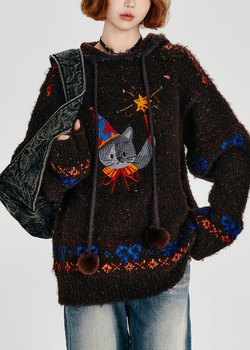 Choaolate Hooded Cat Embroidered Knit Loose Sweatshirt Winter