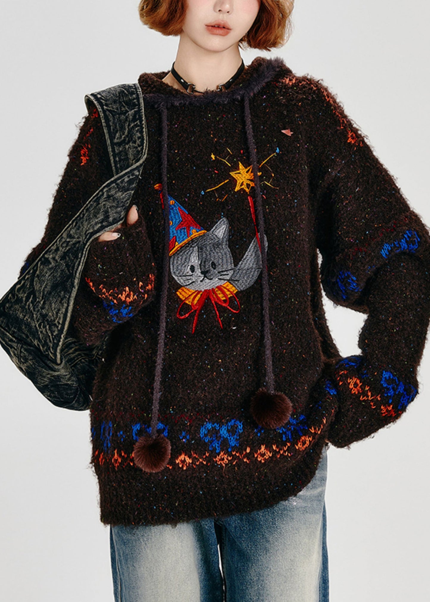 Choaolate Hooded Cat Embroidered Knit Loose Sweatshirt Winter