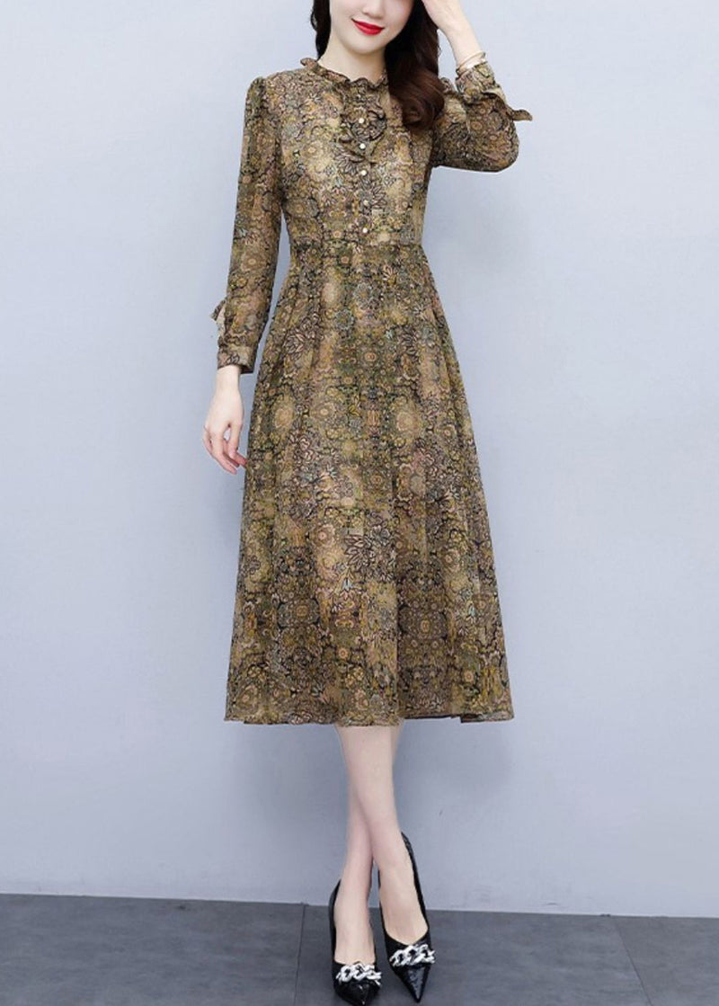 Ruffled Print High Waist Chiffon Dress Long Sleeve