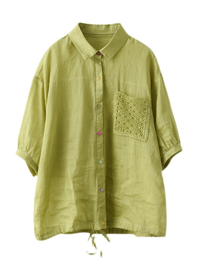 Green Peter Pan Collar Drawstring Button Linen Shirt Top Short Sleeve
