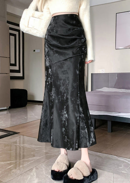 Khaki High Waist Patchwork Silk Velvet Fishtail Skirt Fall