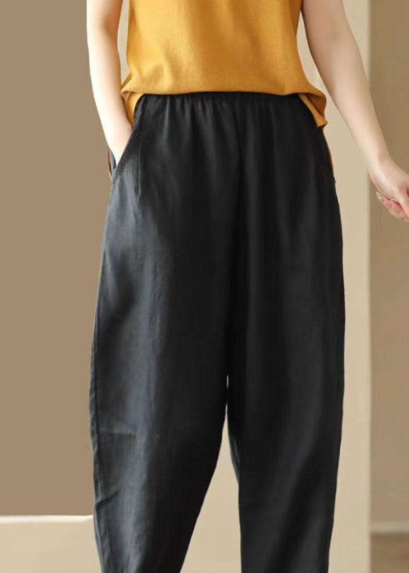 Black Pockets Wrinkled Patchwork Linen Pants Summer