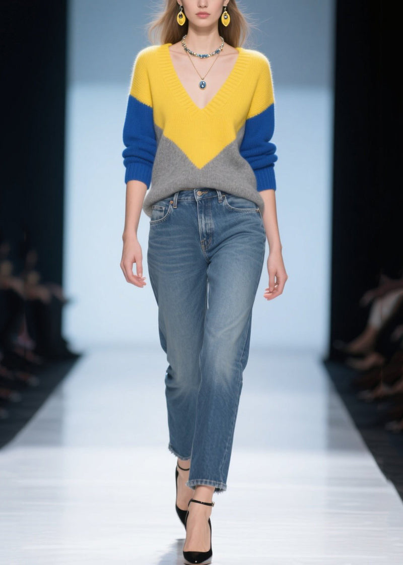 Colorblock V Neck Patchwork Warm Sweater Tops Winter