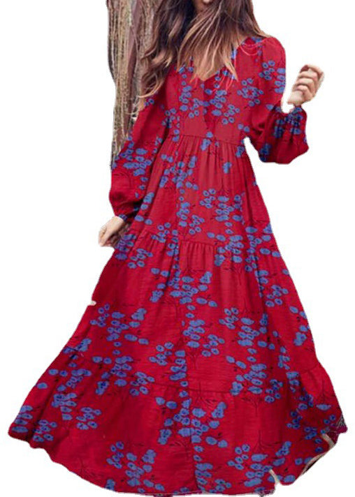 Green V Neck Print Wrinkled Chiffon Robe Dresses Spring