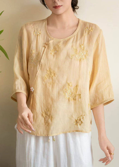 Rose O Neck Embroidered Linen Shirt Tops Bracelet Sleeve