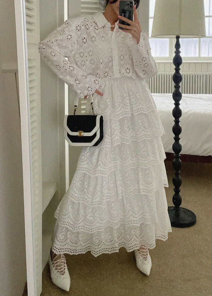 French White Hollow Out Shirts and Skirts Cotton Two Piece Set Fall
