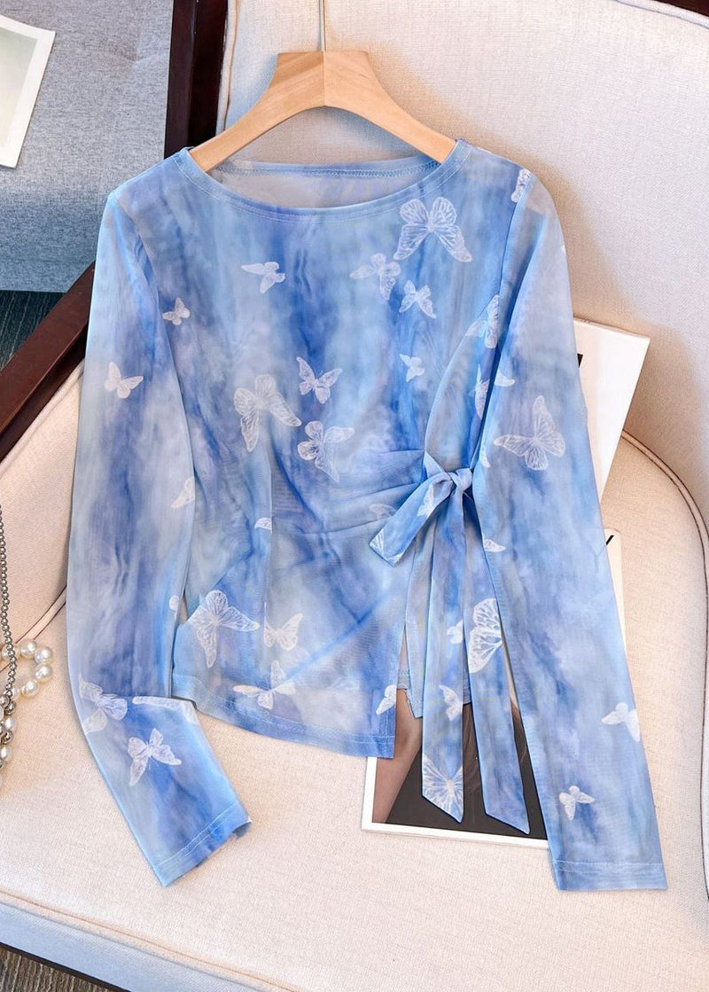 Blue O Neck Butterfly Print Tulle T Shirt Fall