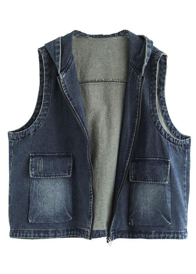 Blue Denim Zippered Pockets Fall Sleeveless Waistcoat