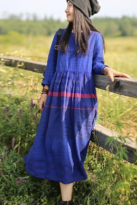 Loose Linen Blue Striped Dress
