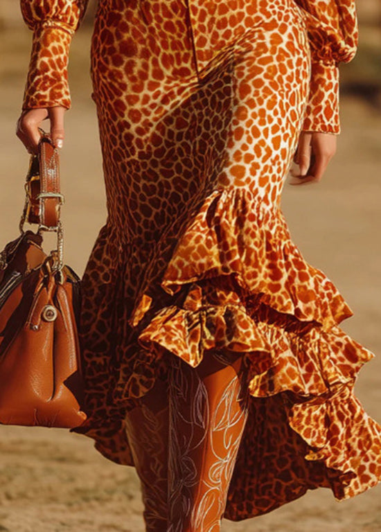 Orange Leopard Ruffled Patchwork Cotton Dresses Fall