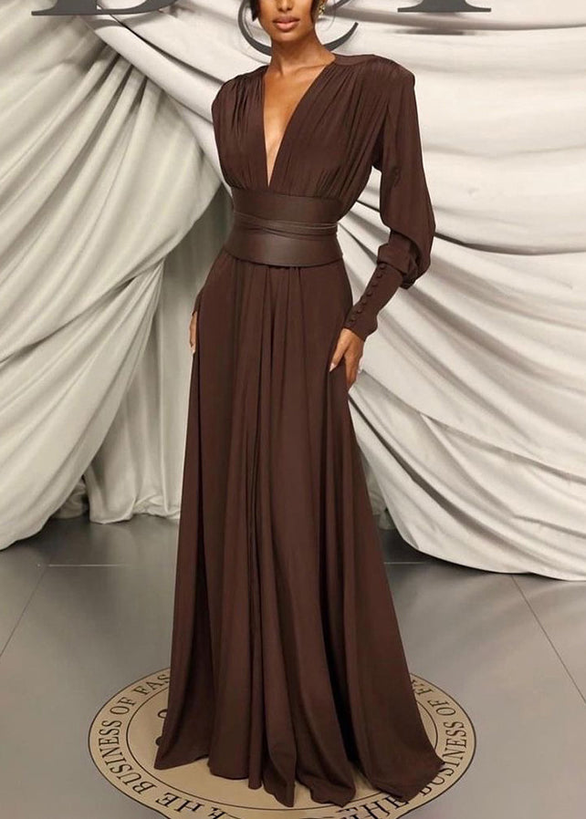 Coffee V Neck Patchwork Slim Fit Cotton Dresses Fall