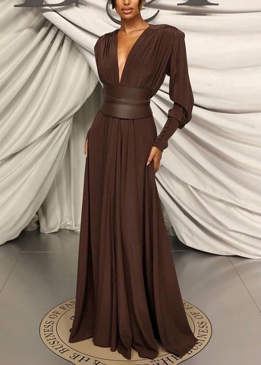 Coffee V Neck Patchwork Slim Fit Cotton Dresses Fall