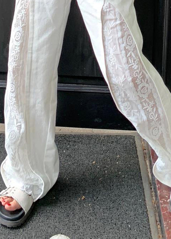 White Pockets Lace Patchwork Cotton Pants Summer