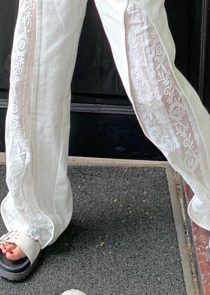 White Pockets Lace Patchwork Cotton Pants Summer