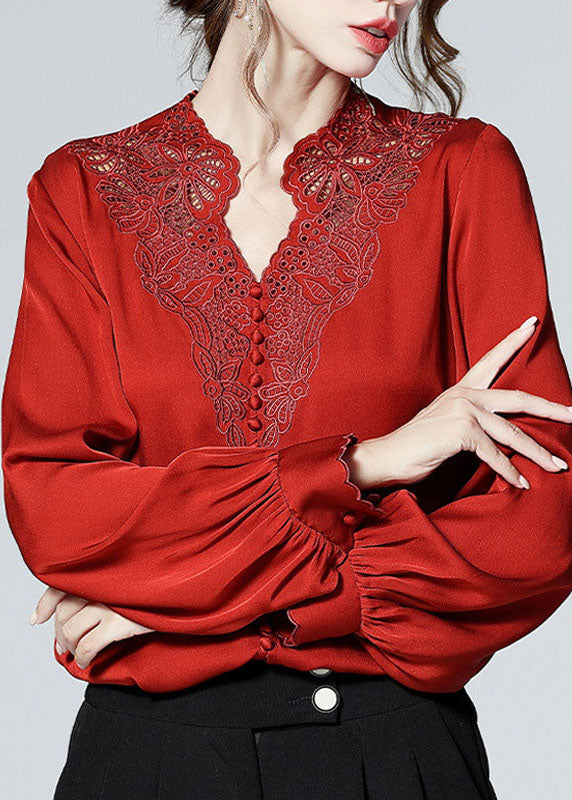 Red V Neck Button Embroideried Patchwork Silk Shirt Top Spring
