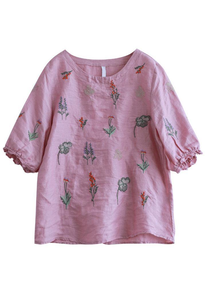 Pink Embroidered O-neck Half Sleeve Ramie Blouses Summer