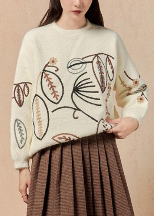 White O Neck Embroidered Cotton Knit Sweater Winter