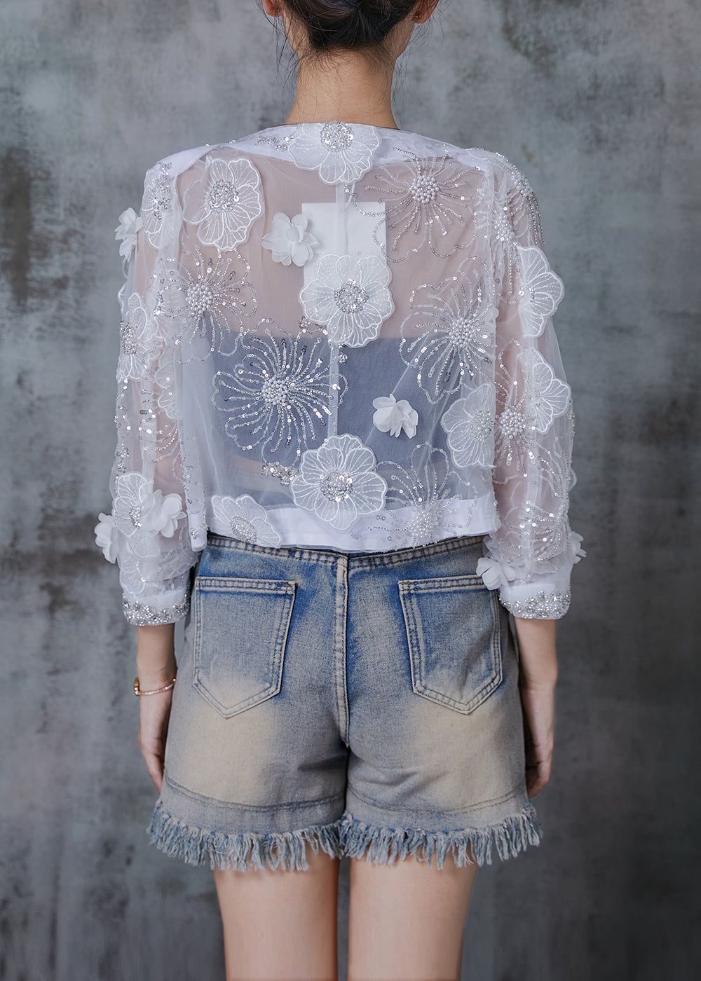Handmade White Sequins Organza Upf 50+ Cardigan Summer