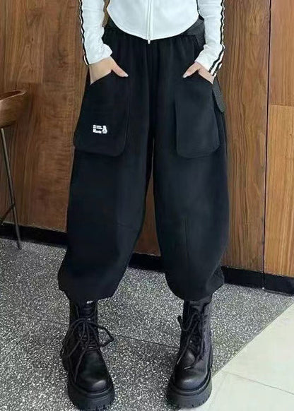 Black Pockets High Waist Cotton Crop Pants Fall