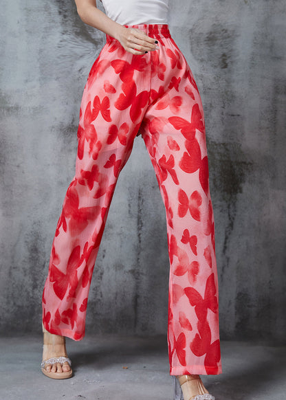 Red Print Silk Straight Pants Summer
