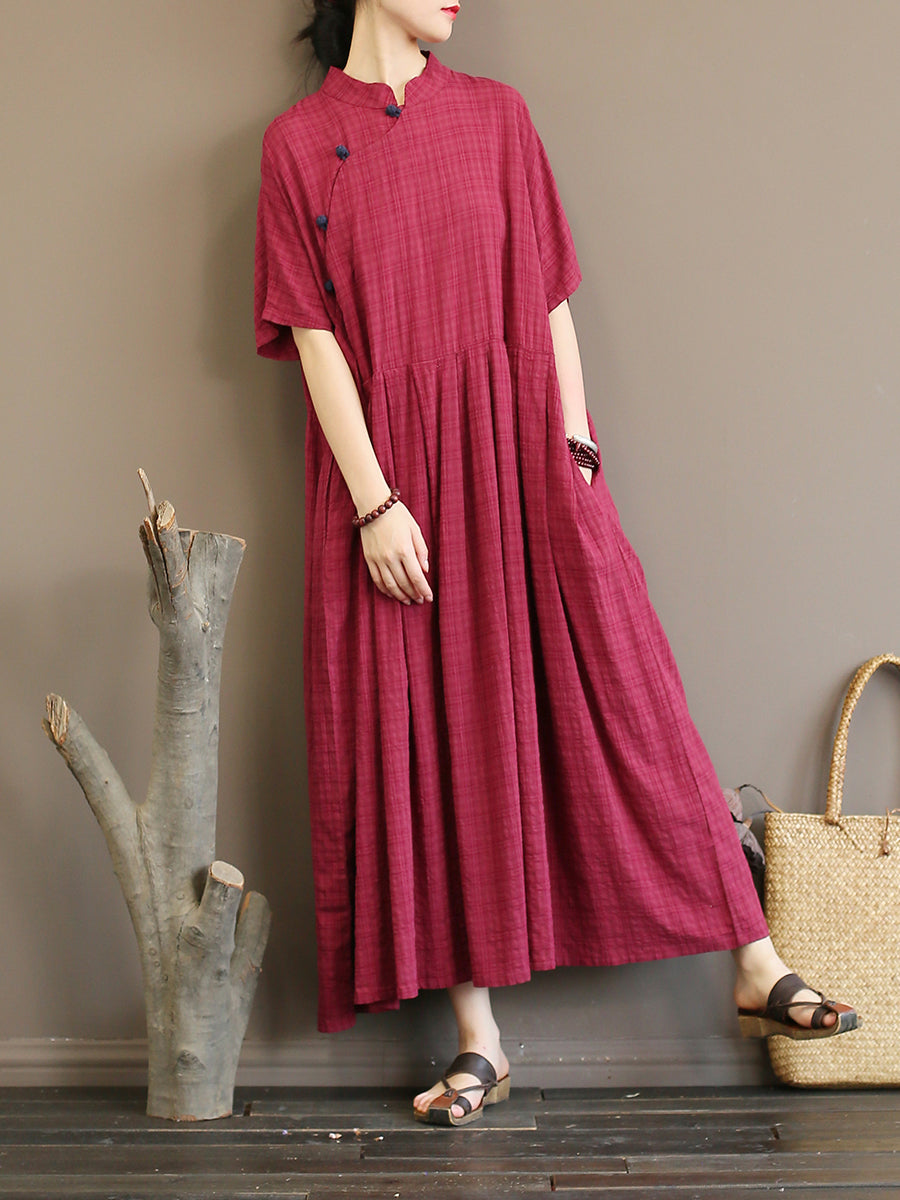 Pleated Plaid Chinese Style Dress