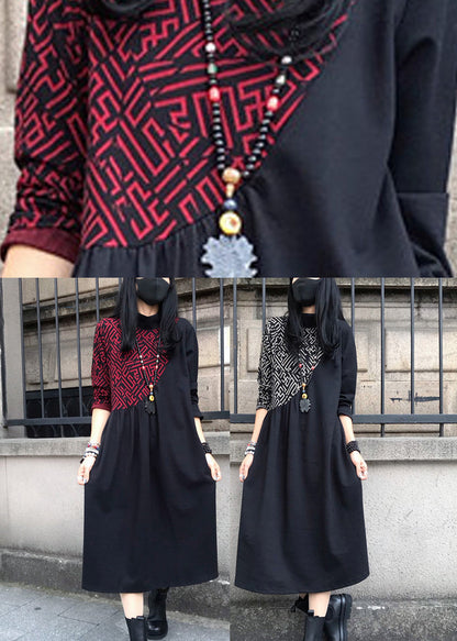 Red O-neck Print Wrinkled Cotton Maxi Dresses Long Sleeve