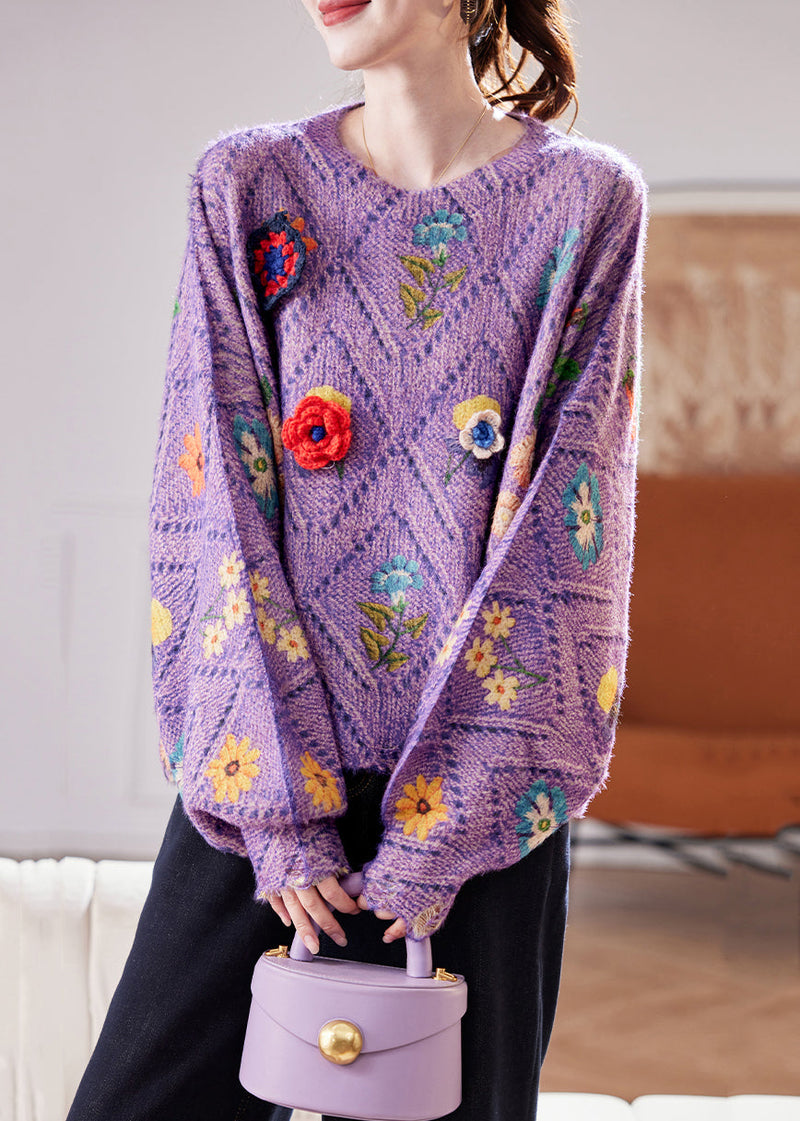 Purple Hollow Out Knit Sweaters O Neck Winter