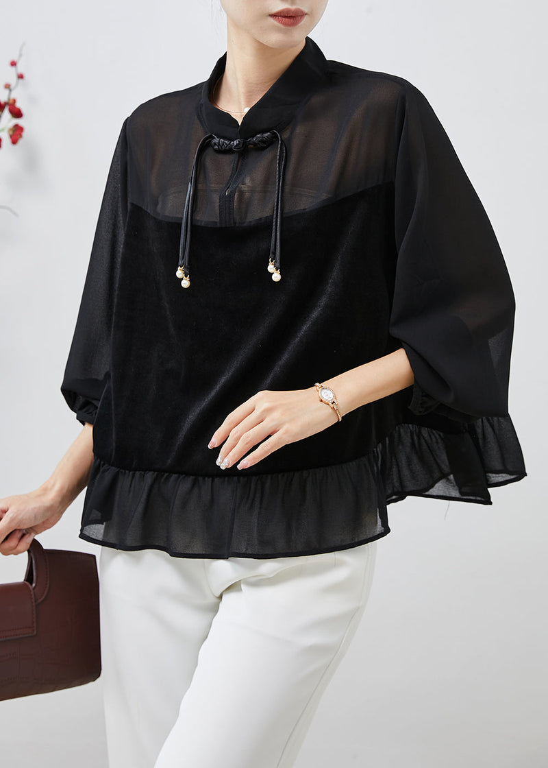 Black Tasseled Patchwork Chiffon Shirts Spring