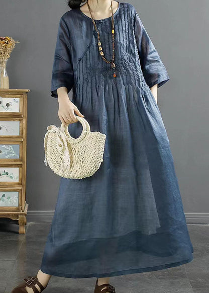Italian Blue O Neck Embroidered Patchwork Long Linen Dresses Summer