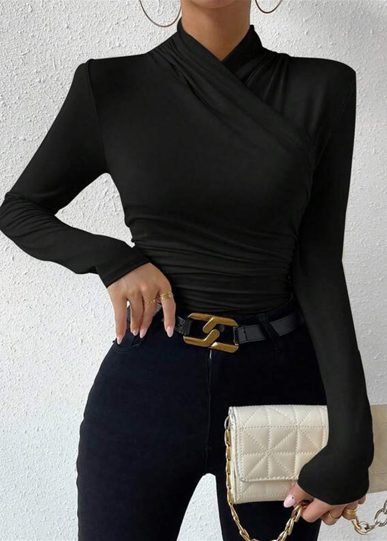 New Apricot Cross Collar Wrinkled Cotton T Shirts Tops Spring