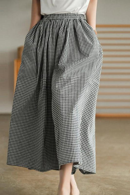 Cotton Plaid Pocket Straight Wide Leg Pants