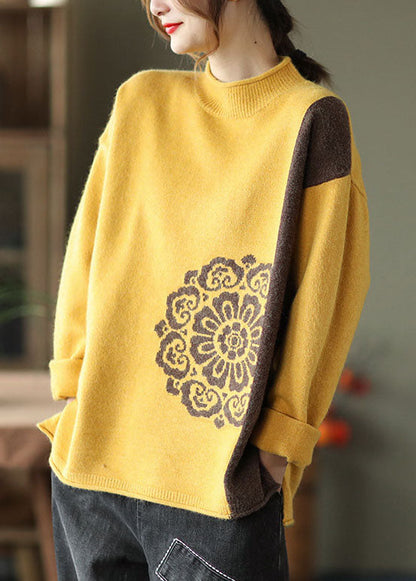 Loose Yellow Color Block Jacquard Knit Top Winter