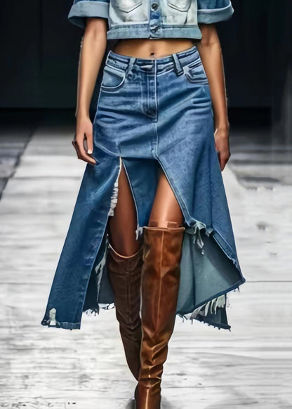 Blue Asymmetrical Side Open Denim Skirts Summer